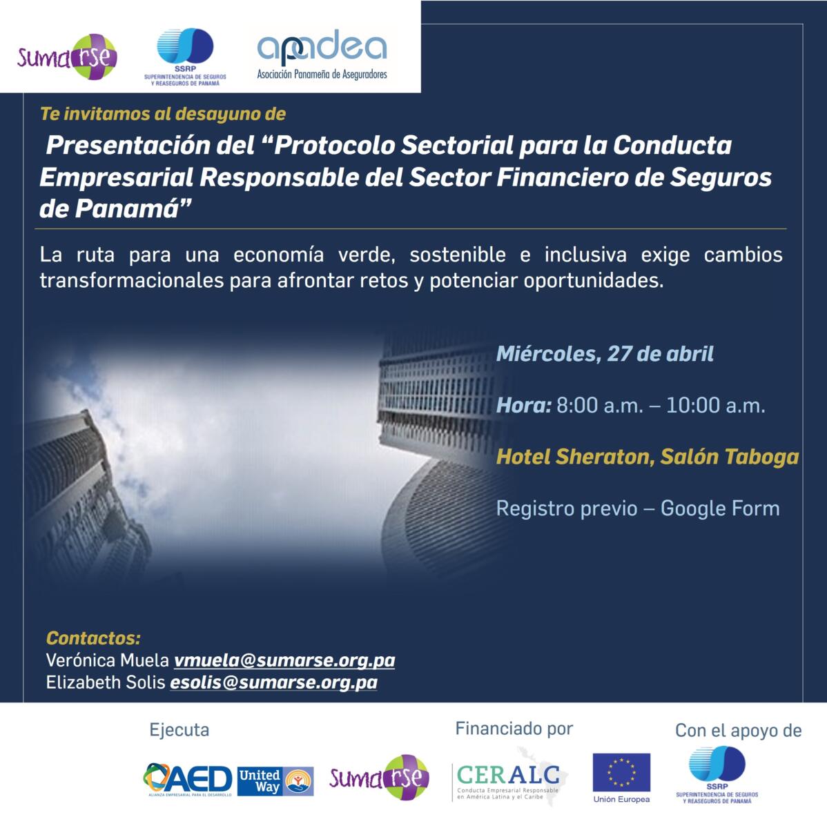 Invitación a Desayuno de Presentación del Protocolo Sectorial para la Conducta Empresarial Responsable del Sector Seguro de Panamá elaborador por SUMARSE.